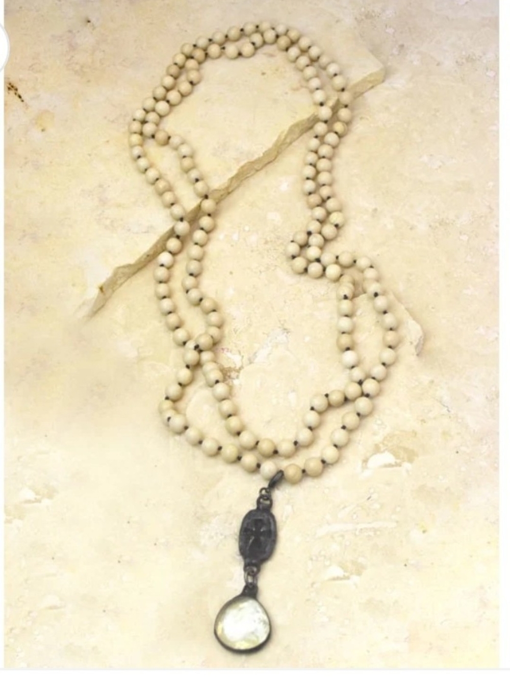 Cream Beaded Long Necklace with Cross Pendant Drop